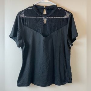 SHEIN Privé Plus Contrast Lace Cut Out Front Tee, Black, 2X, NWOT